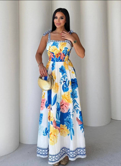 Floral maxi dress with shoulder tie straps, perfect for summer elegance and comfort