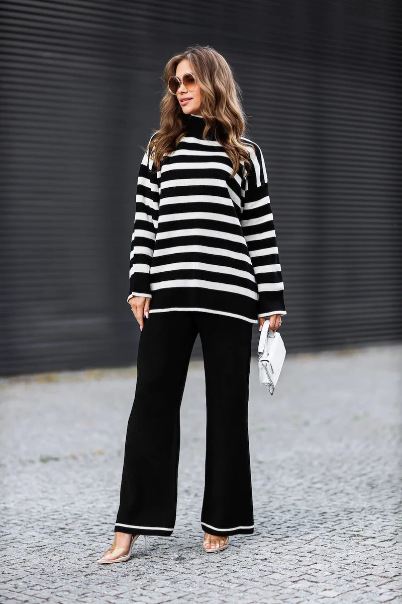 Francesca black striped knit set, sleek two-piece loungewear with modern monochrome charm