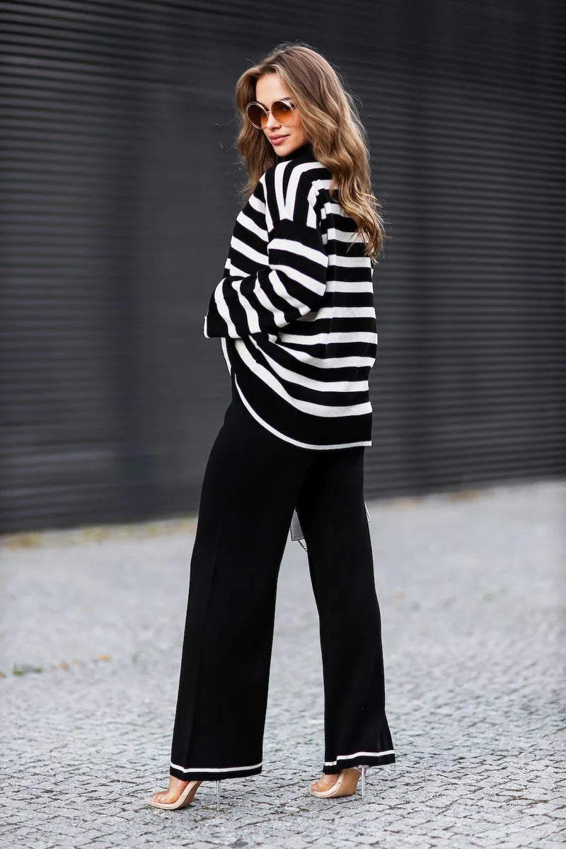 Francesca black striped knit set, sleek two-piece loungewear with modern monochrome charm