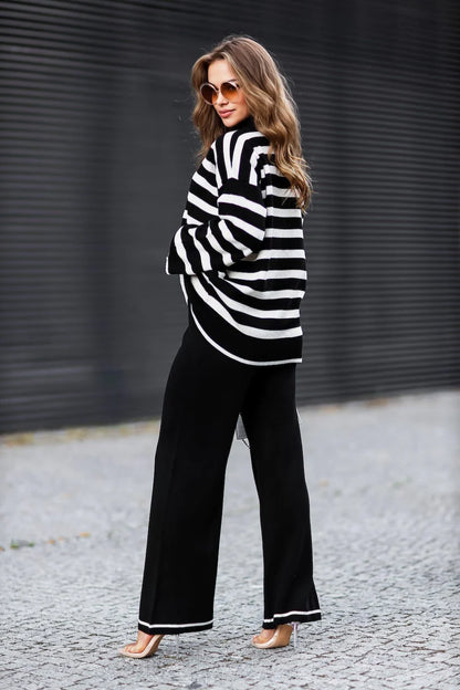 Francesca black striped knit set, sleek two-piece loungewear with modern monochrome charm