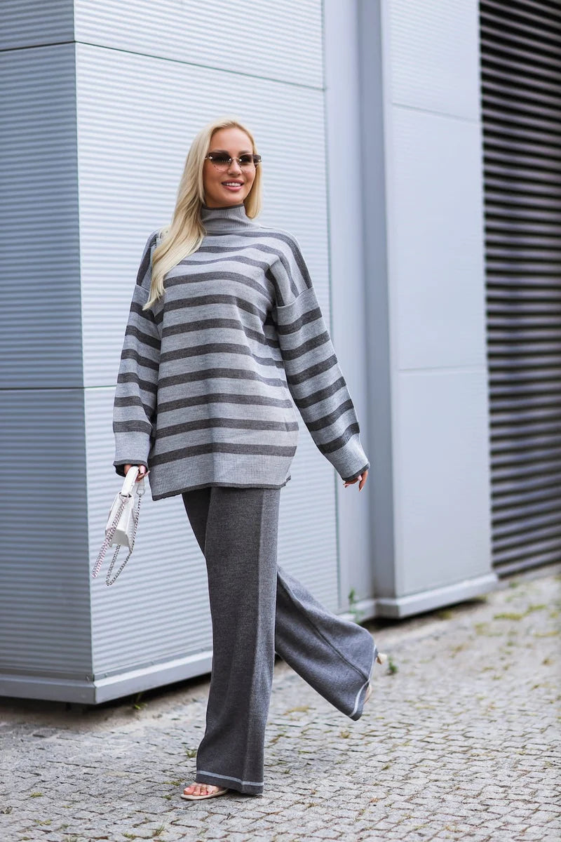 Francesca grey striped knit set, soft two-piece outfit for effortless elegance and comfort