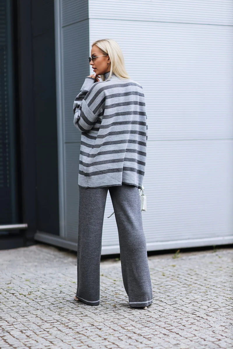 Francesca grey striped knit set, soft two-piece outfit for effortless elegance and comfort