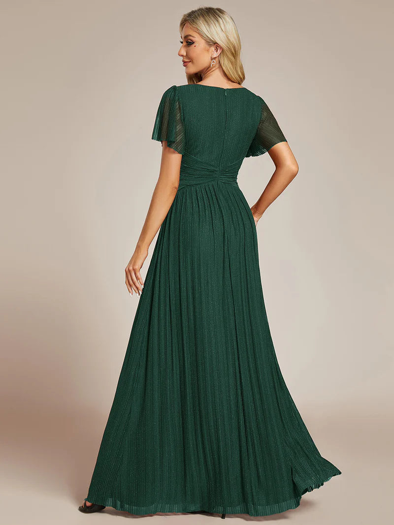 Glittery mesh evening dark green dress with V-neckline and bowknot waist, perfect for elegant parties