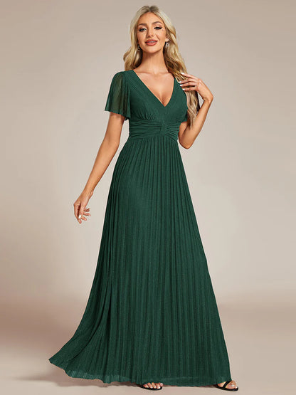 Glittery mesh evening dark green dress with V-neckline and bowknot waist, perfect for elegant parties