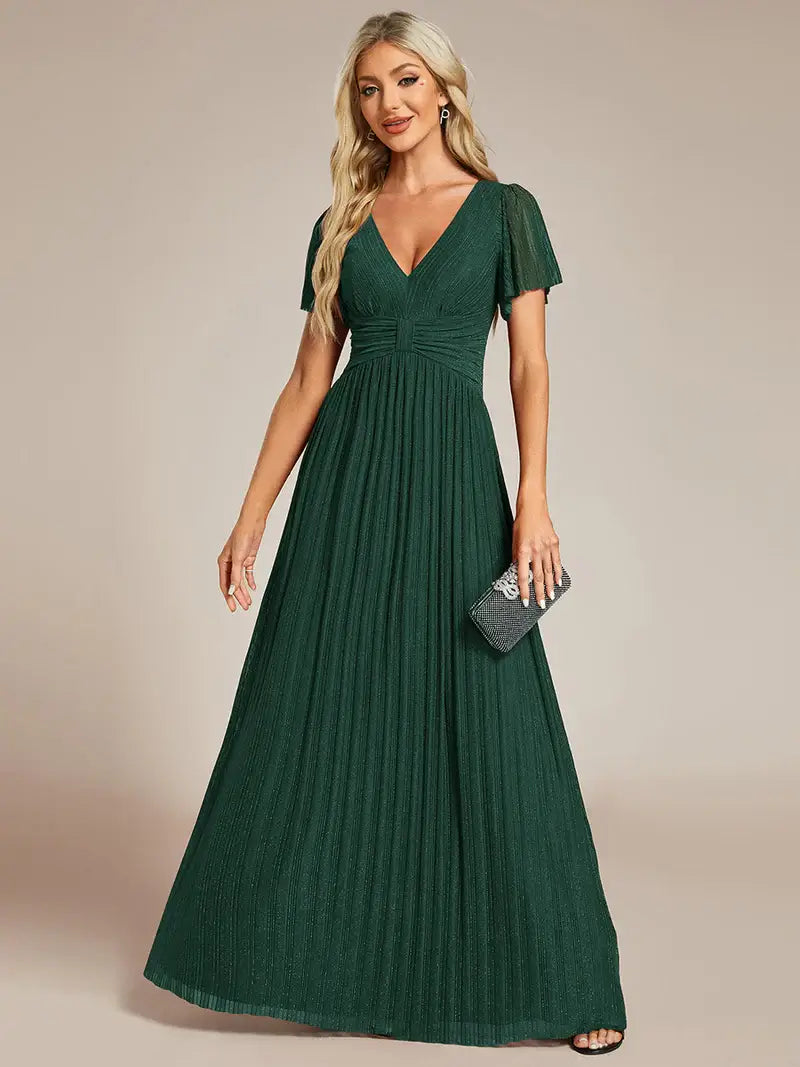 Glittery mesh evening dark green dress with V-neckline and bowknot waist, perfect for elegant parties