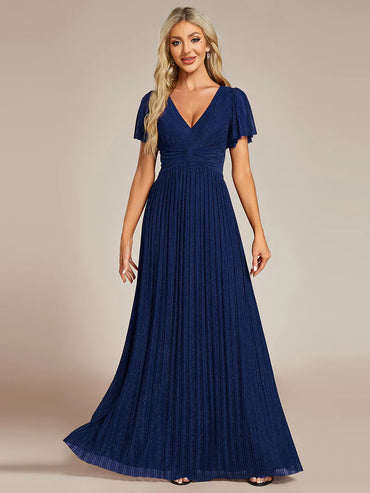 Glittery mesh evening navy blue dress with V-neckline and bowknot waist, perfect for elegant parties