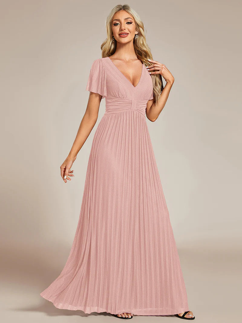 Glittery mesh evening pink dress with V-neckline and bowknot waist, perfect for elegant parties