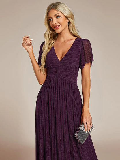 Glittery purple wisteria evening dress with V-neck, mesh fabric, and bowknot waist