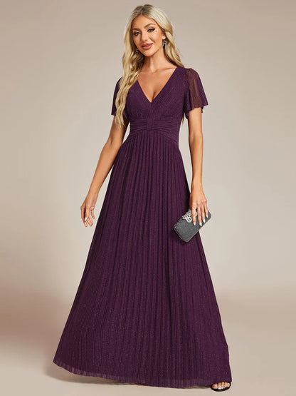 Glittery V-Neck Mesh Evening Dress with Bowknot Waist – Elegant Party Gown