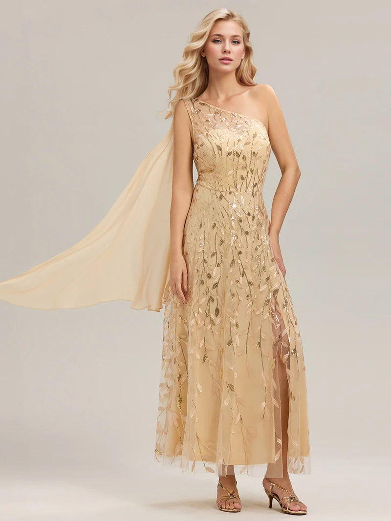 Gold One shoulder sequin A-line maxi dress for wedding guests in an elegant style