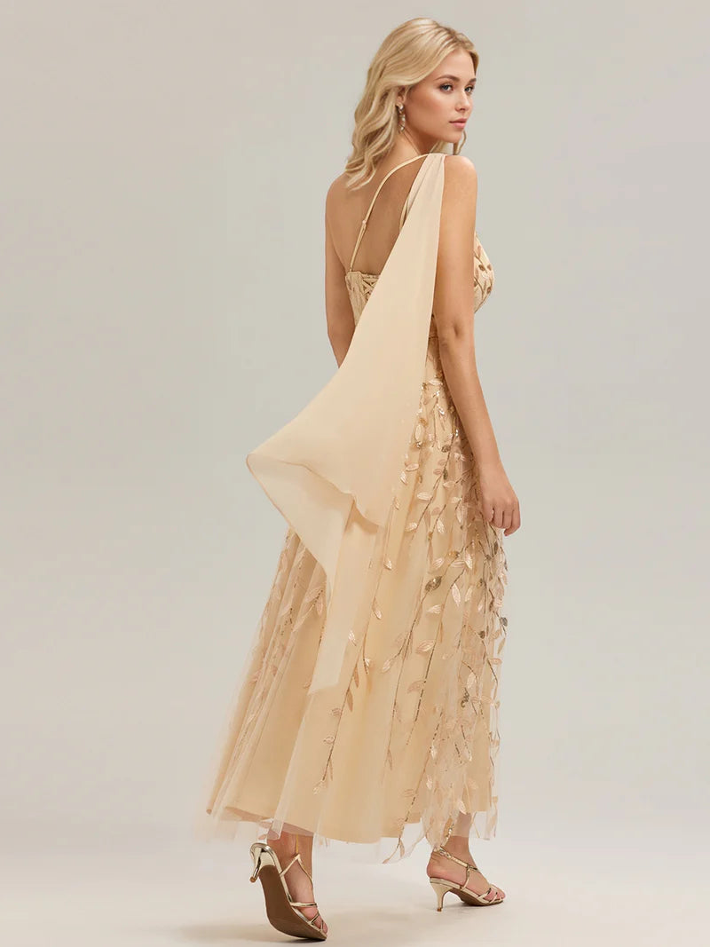 Gold One shoulder sequin A-line maxi dress for wedding guests in an elegant style