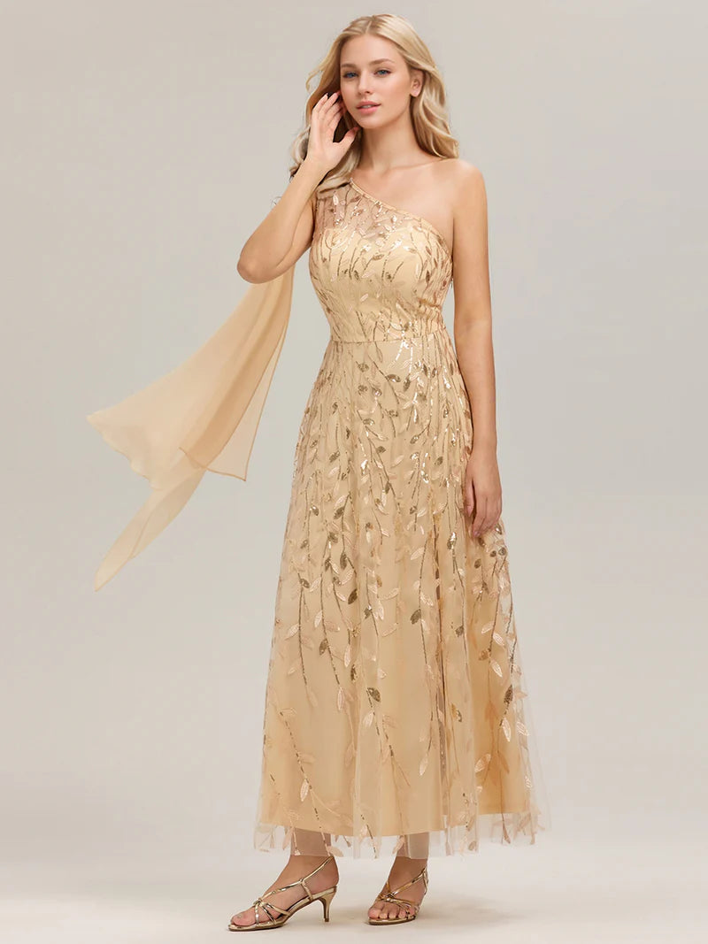 Gold One shoulder sequin A-line maxi dress for wedding guests in an elegant style