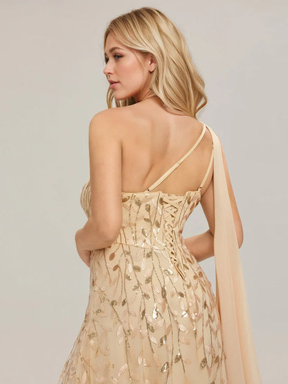 Gold One shoulder sequin A-line maxi dress for wedding guests in an elegant style