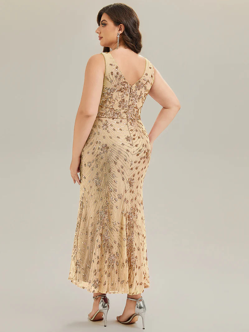 Gold Strapless deep V-neck fishtail maxi evening dress with high-stretch fabric for comfort