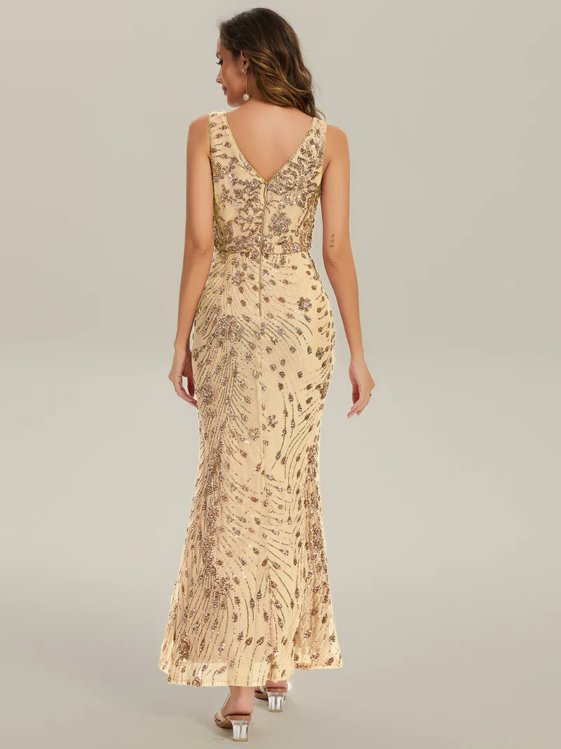 Gold Strapless deep V-neck fishtail maxi evening dress with high-stretch fabric for comfort