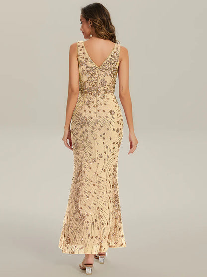 Gold Strapless deep V-neck fishtail maxi evening dress with high-stretch fabric for comfort