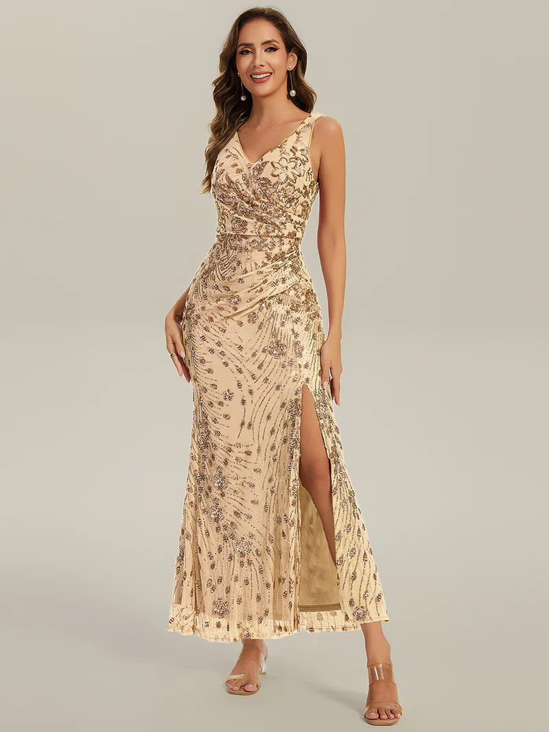 Gold Strapless deep V-neck fishtail maxi evening dress with high-stretch fabric for comfort