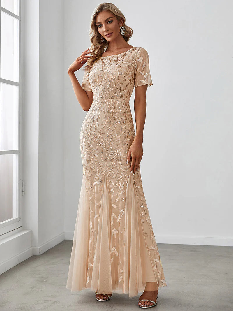 Gold women’s floral sequin fishtail party dress with tulle skirt and elegant mermaid silhouette