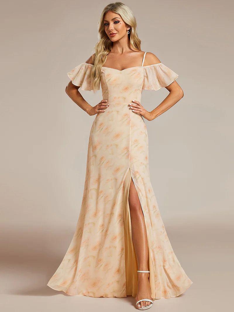 Golden rose chiffon bridesmaid dress with high side slit and delicate spaghetti straps