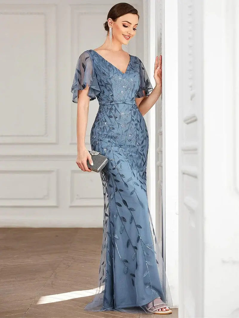 Gorgeous V-neck fishtail party dusty blue dress with shimmering leaf sequin embellishments