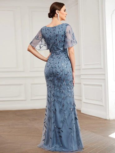 Gorgeous V-neck fishtail party dusty blue dress with shimmering leaf sequin embellishments