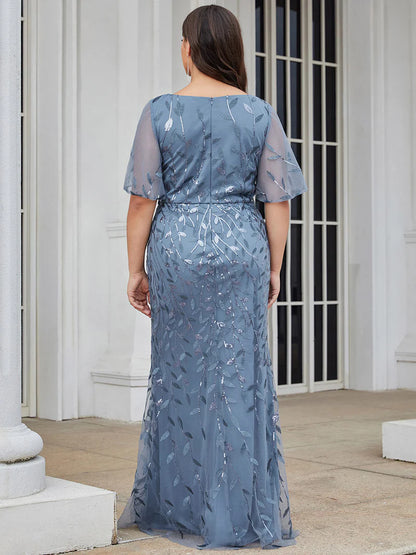 Gorgeous V-neck fishtail party dusty blue dress with shimmering leaf sequin embellishments