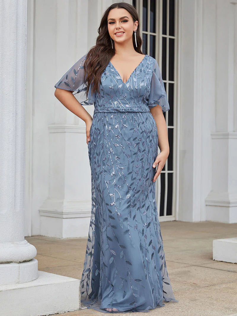 Gorgeous V-neck fishtail party dusty blue dress with shimmering leaf sequin embellishments