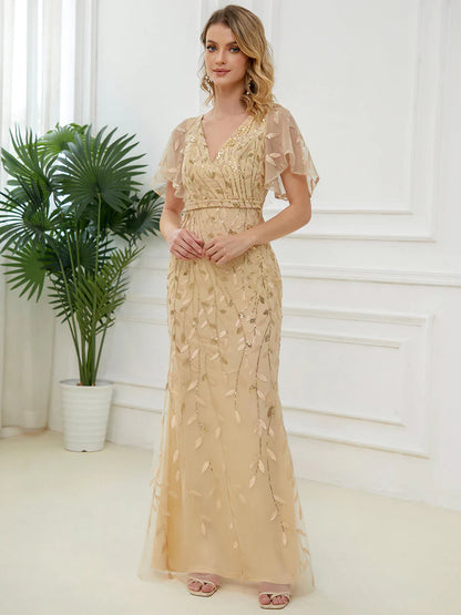 Gold Gorgeous V-Neck Fishtail Party Dress – Leaf Sequin Embellished