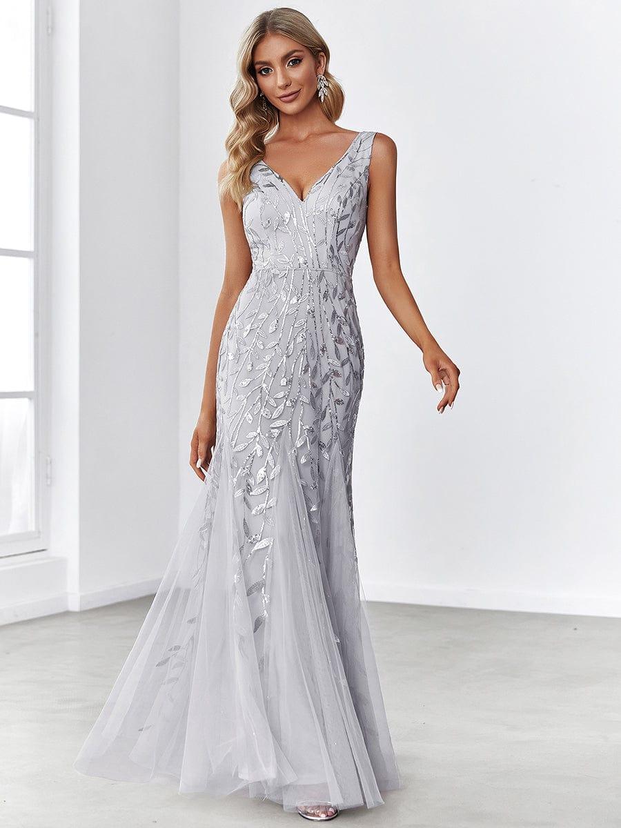 Grey women's fishtail evening dress with double V-neckline and shimmering sequin fabric