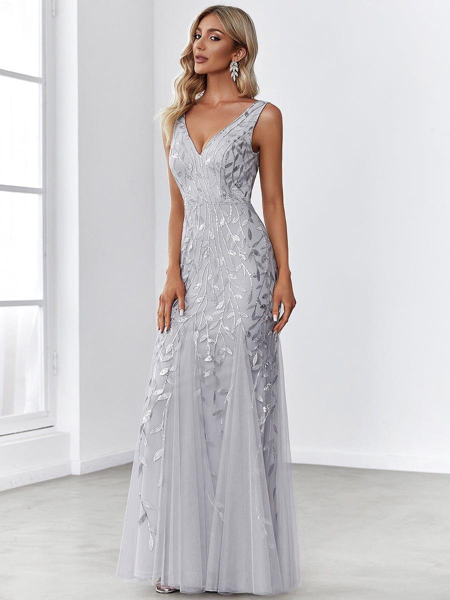 Grey women's fishtail evening dress with double V-neckline and shimmering sequin fabric