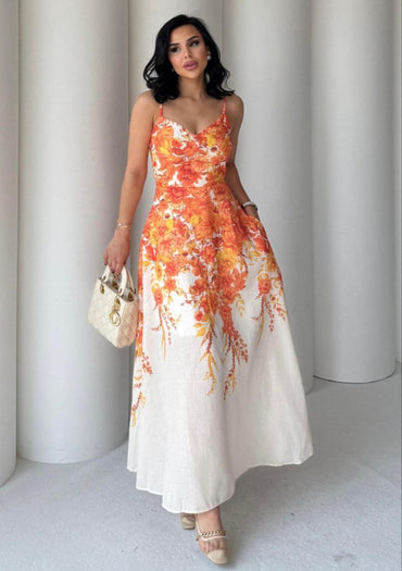 High tide orange cotton midi dress with floral print and side pockets