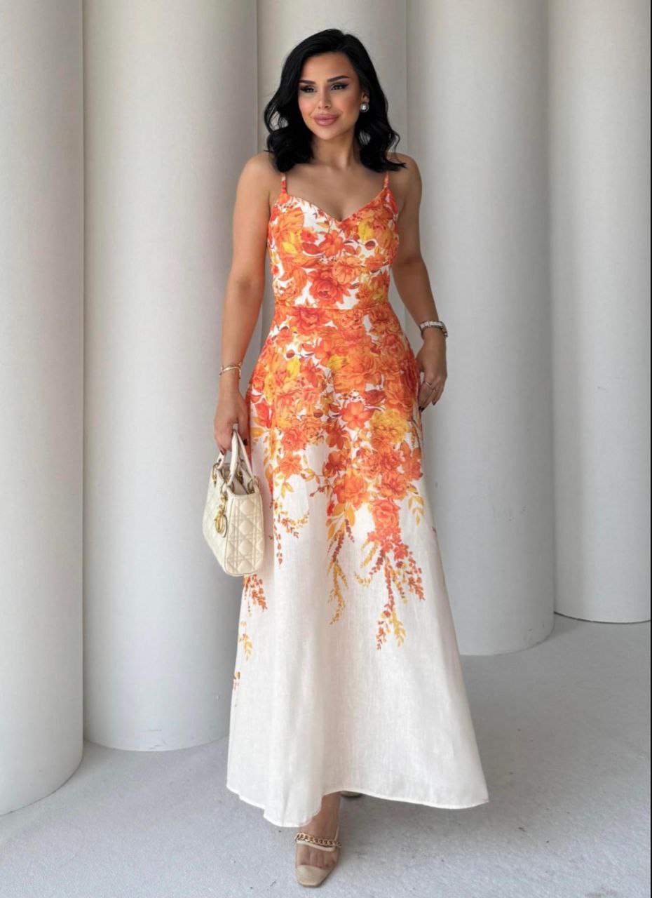 High tide orange cotton midi dress with floral print and side pockets