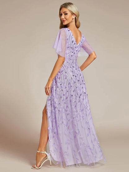 Levender sequin mesh evening dress with V-neck, high-low hem, and short sleeves