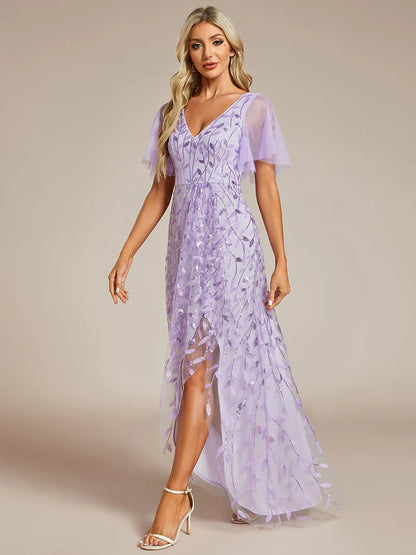 Levender sequin mesh evening dress with V-neck, high-low hem, and short sleeves