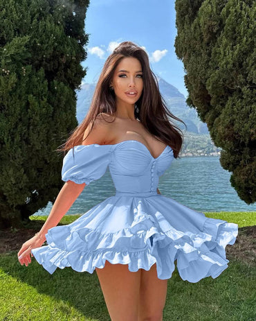 Light blue off-shoulder mini dress with lace-up back and ruffled skirt hem