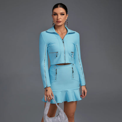 Light blue V-neck bandage set – long sleeve top with frill detail and matching skirt
