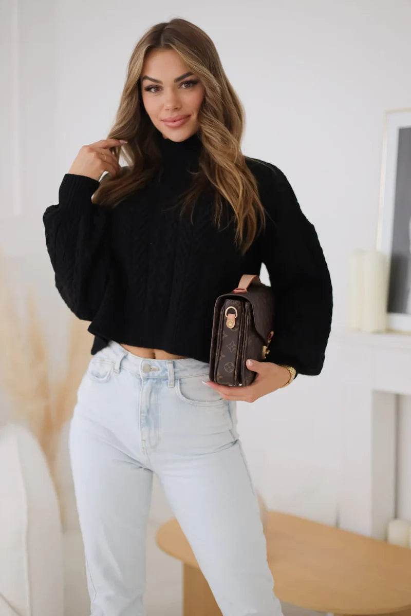 Madison black cropped turtleneck sweater, chic and modern knitwear for versatile styling