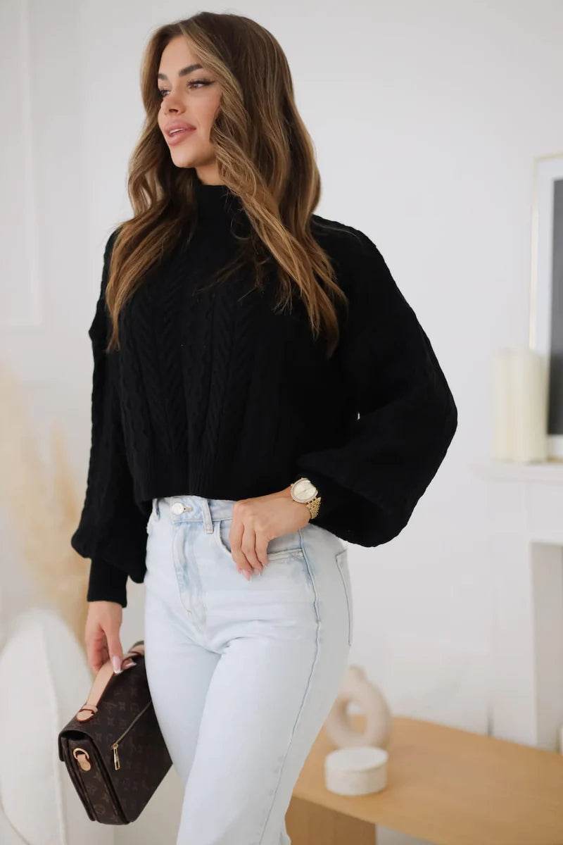 Madison black cropped turtleneck sweater, chic and modern knitwear for versatile styling