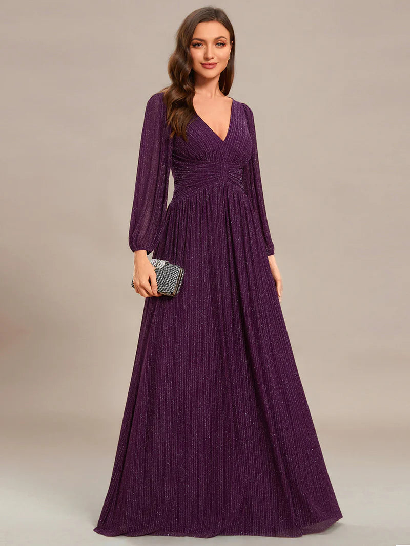 Elegant maxi chiffon evening dress Purple Wisteria with V-neckline, long sleeves, and fitted waist