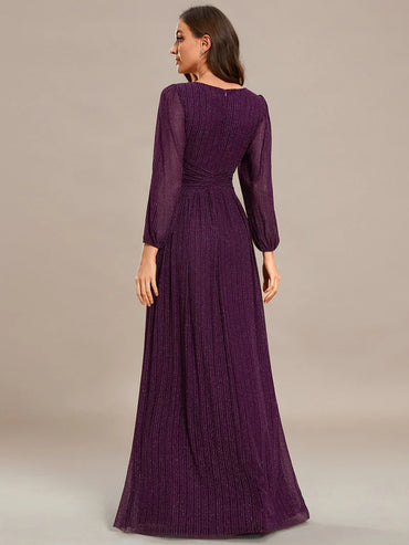 Elegant maxi chiffon evening dress Purple Wisteria with V-neckline, long sleeves, and fitted waist