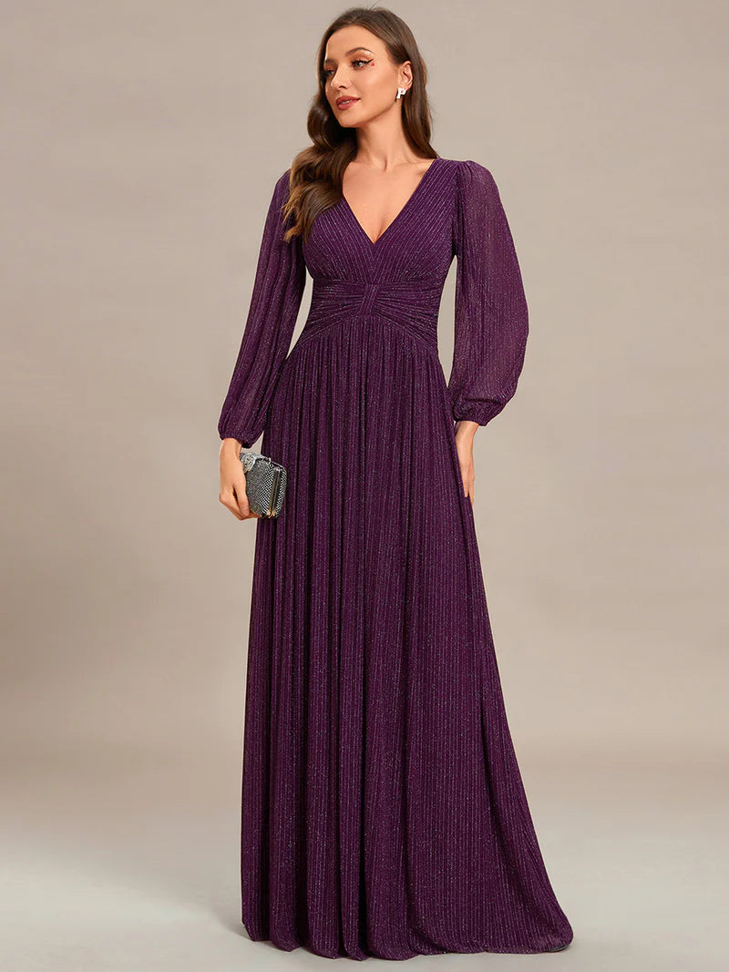 Elegant maxi chiffon evening dress Purple Wisteria with V-neckline, long sleeves, and fitted waist