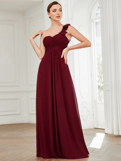 Elegant one-shoulder chiffon burgundy bridesmaid dress with floor-length maxi silhouette