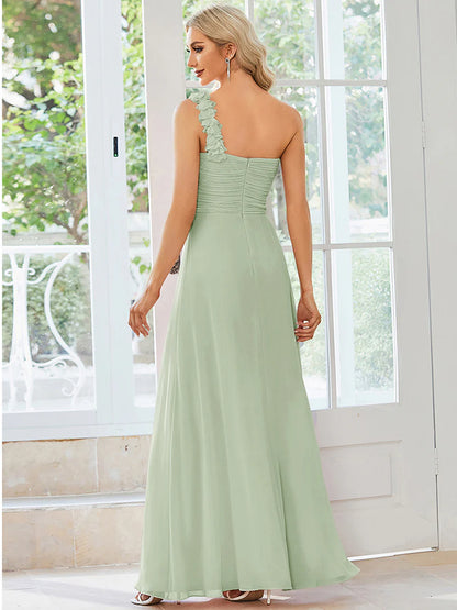 Elegant one-shoulder chiffon mint green bridesmaid dress with floor-length maxi silhouette