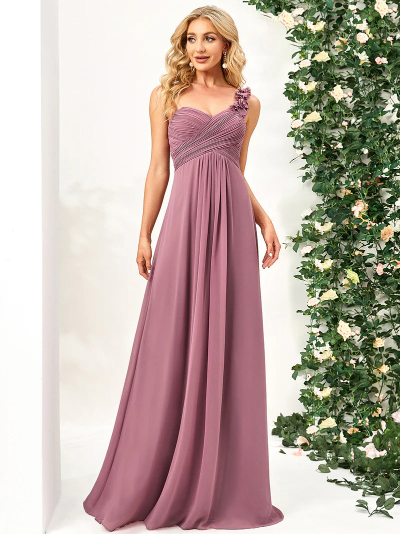 Elegant one-shoulder chiffon orchid bridesmaid dress with floor-length maxi silhouette