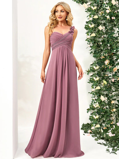 Elegant one-shoulder chiffon orchid bridesmaid dress with floor-length maxi silhouette