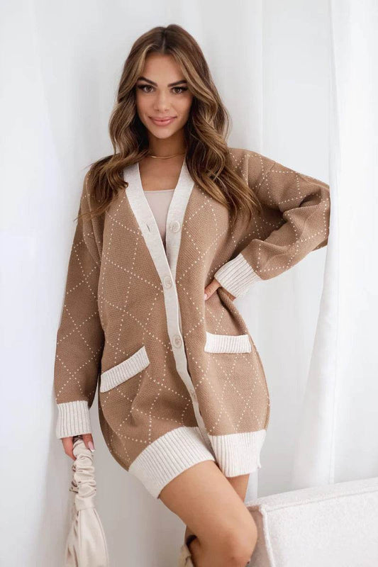 Milan Caramel Rhombus Knit Cardigan – Cozy Elegance with a Geometric Twist - Biamonde