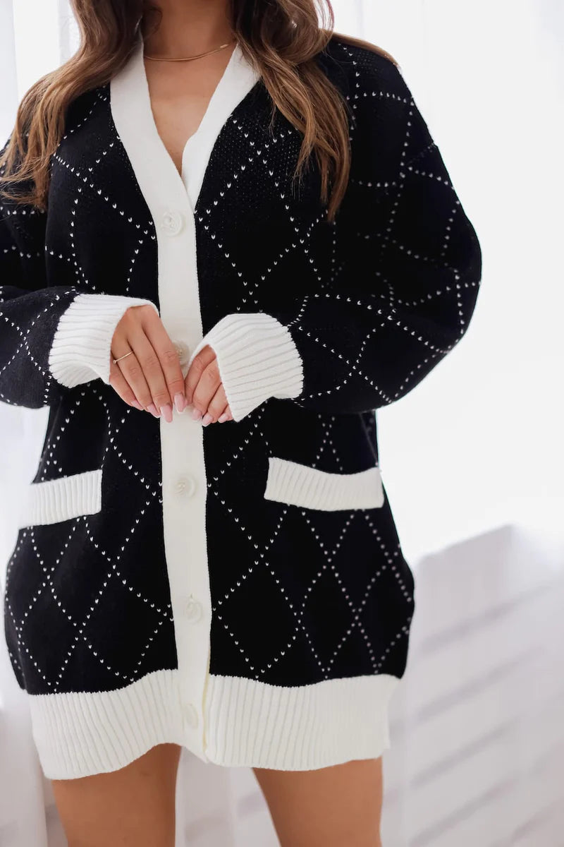 Milan caramel rhombus knit cardigan, cozy elegance with a geometric twist