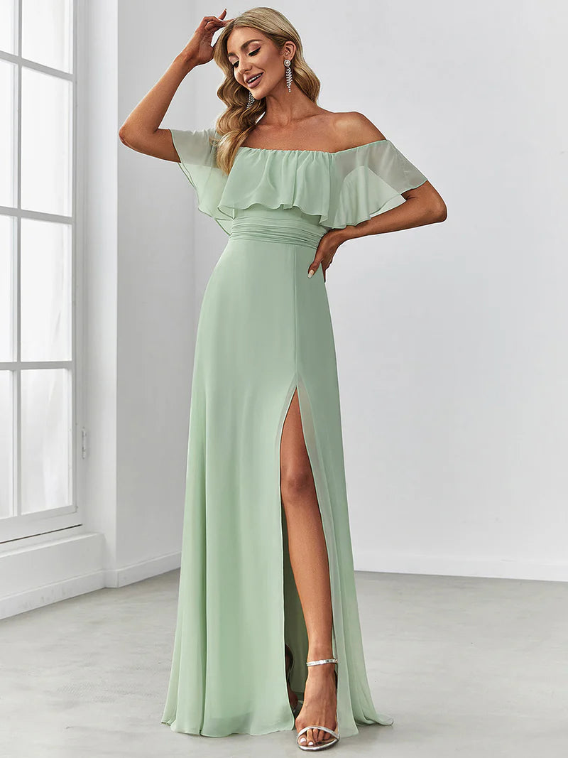 Mint Grreen Off-the-shoulder bridesmaid dress with ruffles and a thigh-high slit