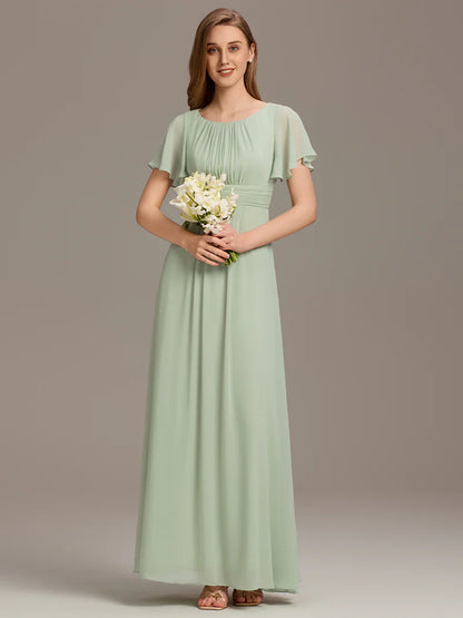 Round neck mint green bridesmaid gown in a pleated design for elegant wedding looks