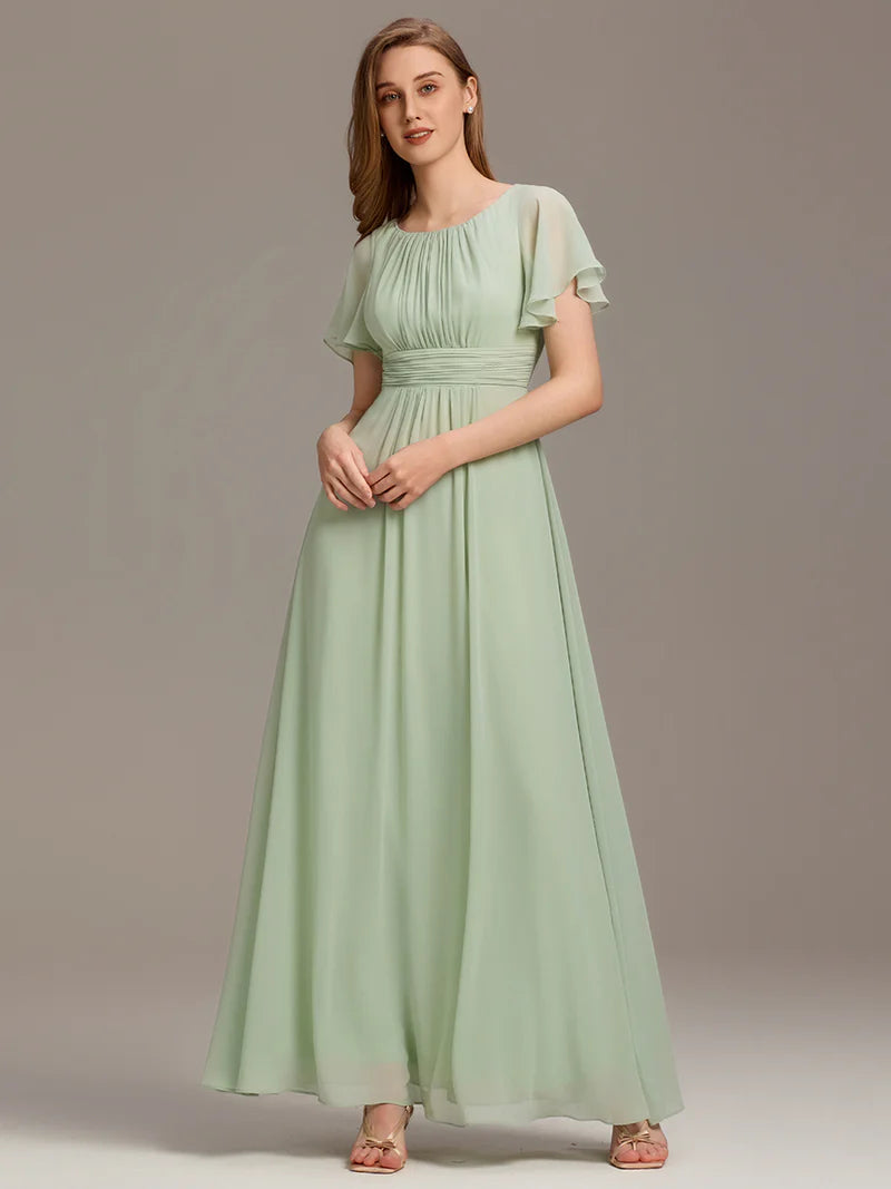 Round neck mint green bridesmaid gown in a pleated design for elegant wedding looks